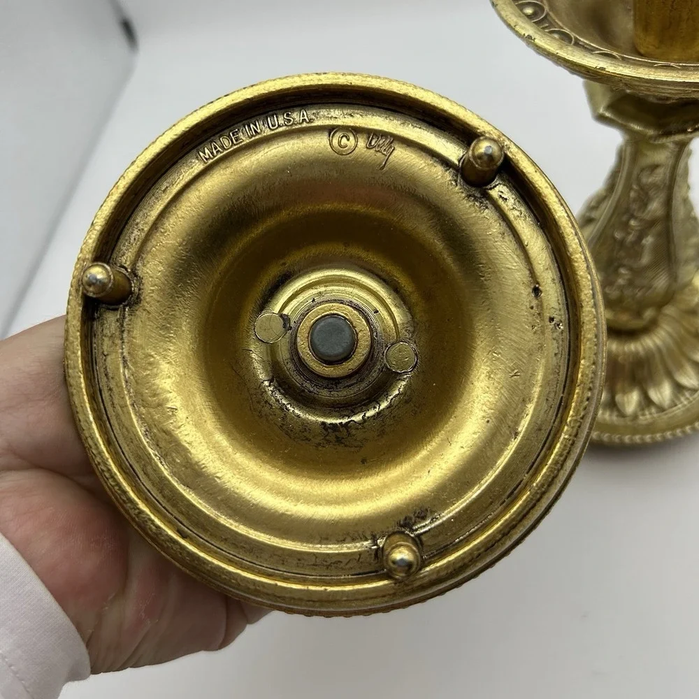 VTG‎ Villy Gold Ornate Cast Metal & Resin Candlestick Pillar Candle Holder SET 2